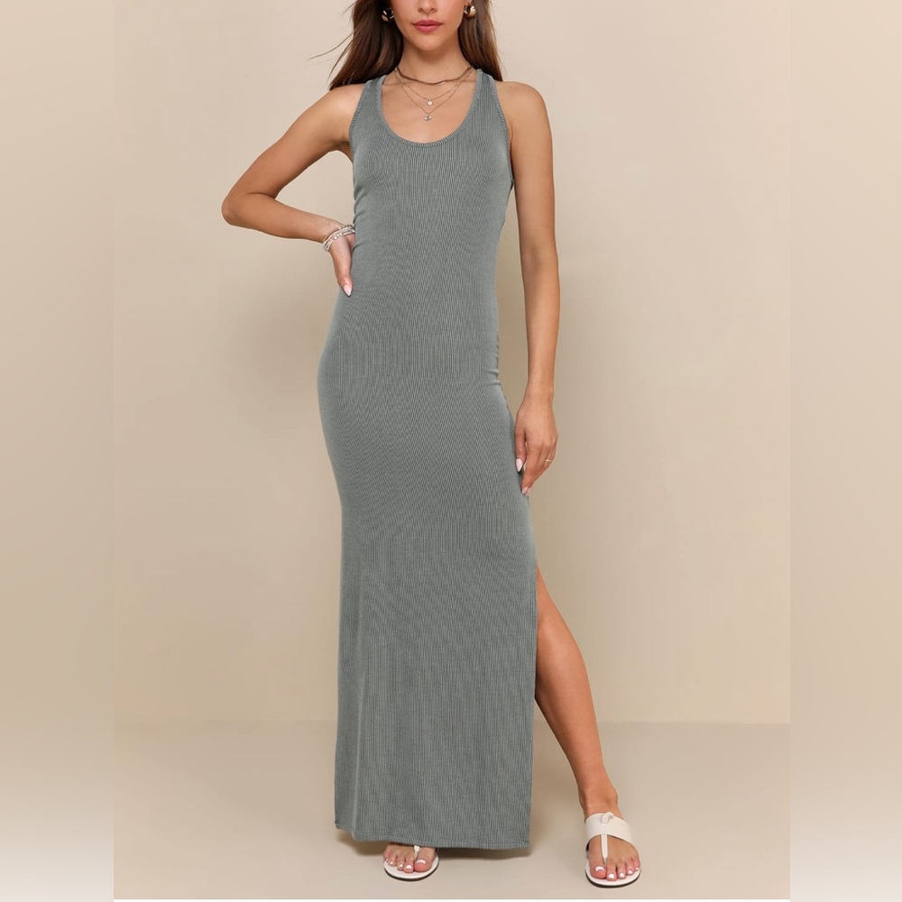 Lulus Relaxed But Not Least sage green ribbed maxi dress